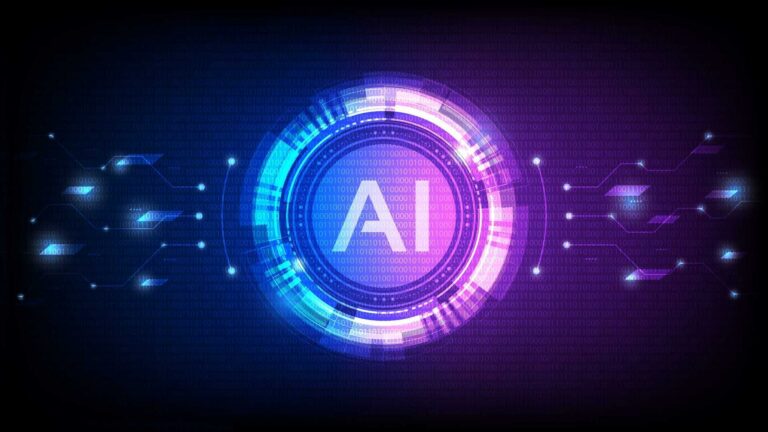 Futuristic digital art of the letters "AI" in a glowing circular design. Surrounded by blue and purple circuits.