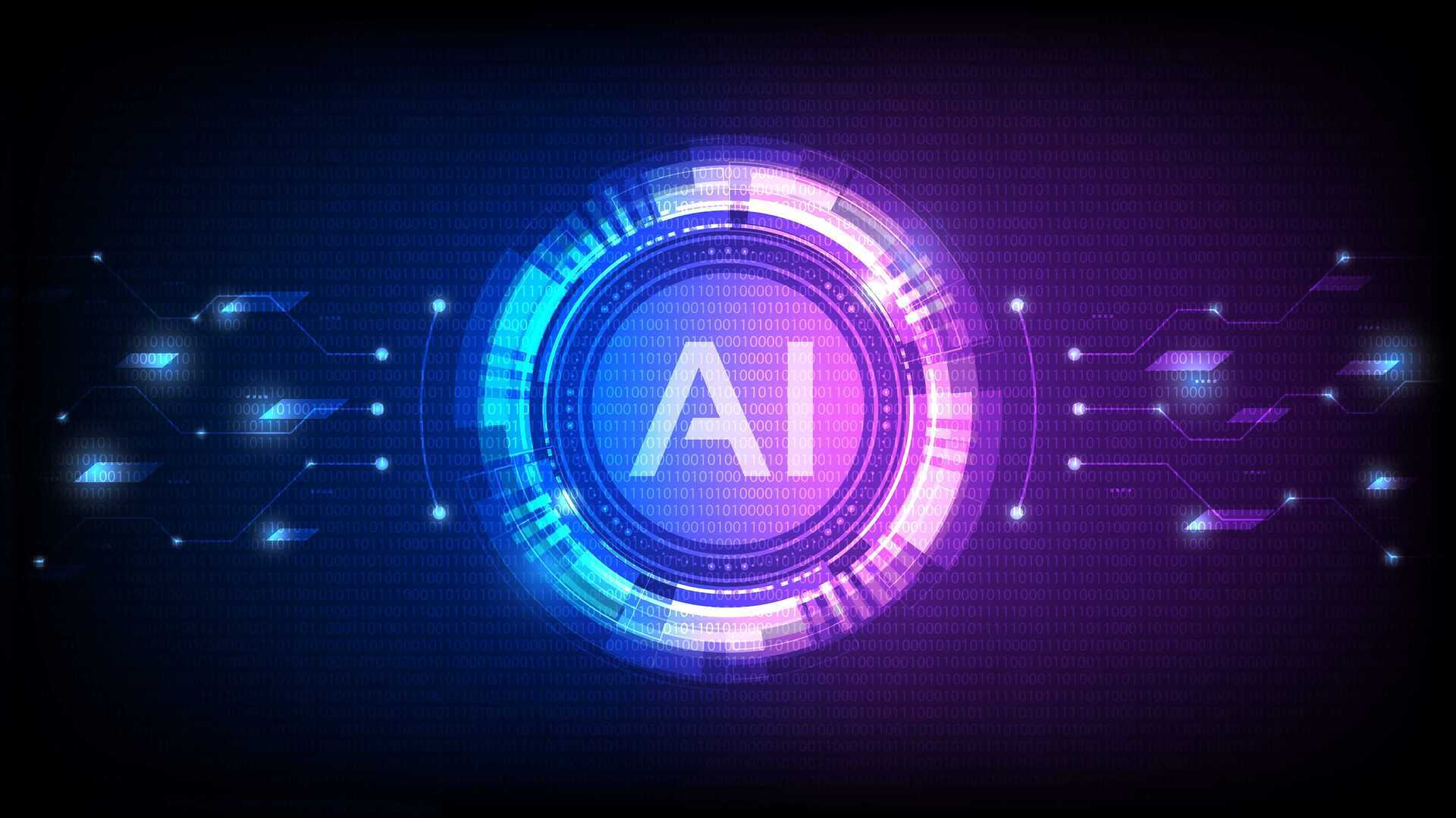 Futuristic digital art of the letters "AI" in a glowing circular design. Surrounded by blue and purple circuits.