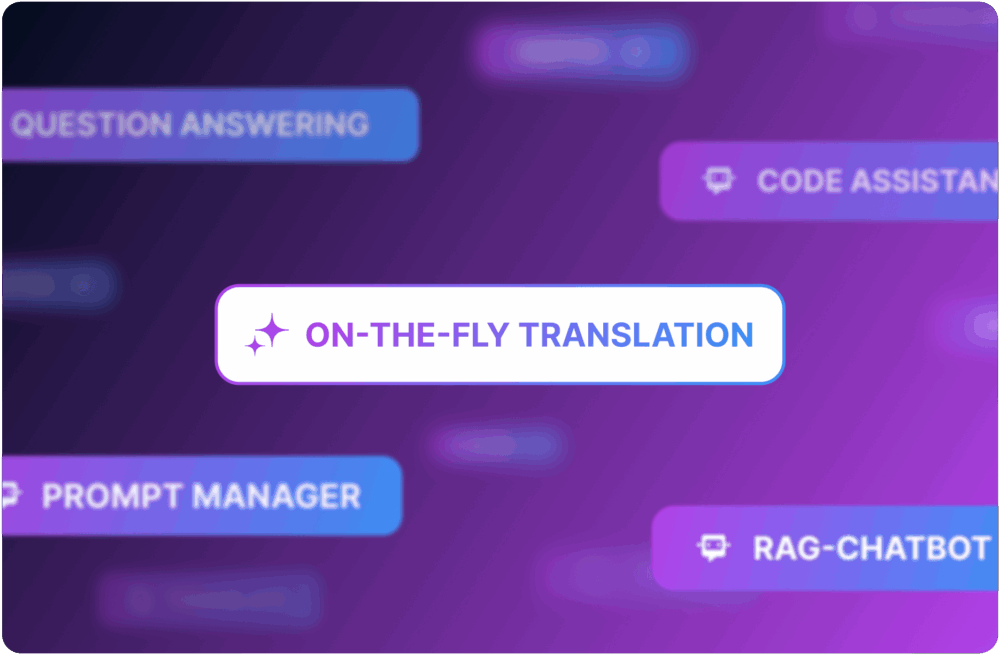 A screenshot featuring a purple background with white text displaying the words "QUESTION ANSWERING CODE ASSISTANT ON-THE-FLY TRANSLATION PROMPT MANAGER RAG-CHATBOT."
