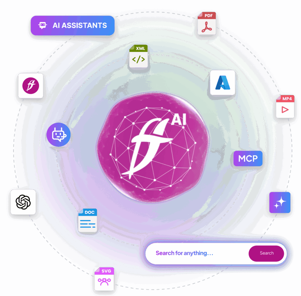 A visual showing a search interface with the text "AI ASSISTANTS" at the top. There is a search bar indicated with "Search for anything..." and various icons orbitng around, along with a circular design and clock symbol are present.