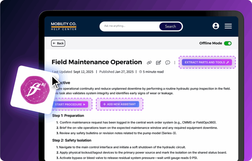 A digital interface displaying a "Field Maintenance Operation" guide, outlining procedures for hydraulic pump inspections, with buttons for extracting parts and starting procedures.
