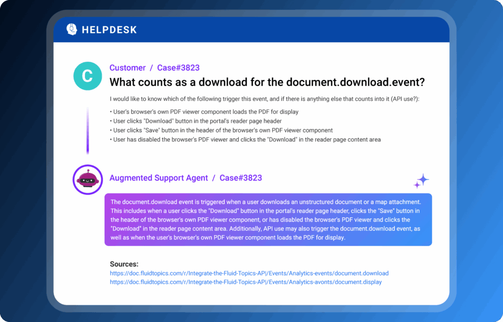 Helpdesk chat discussing actions that trigger document downloads and PDF viewer interactions.