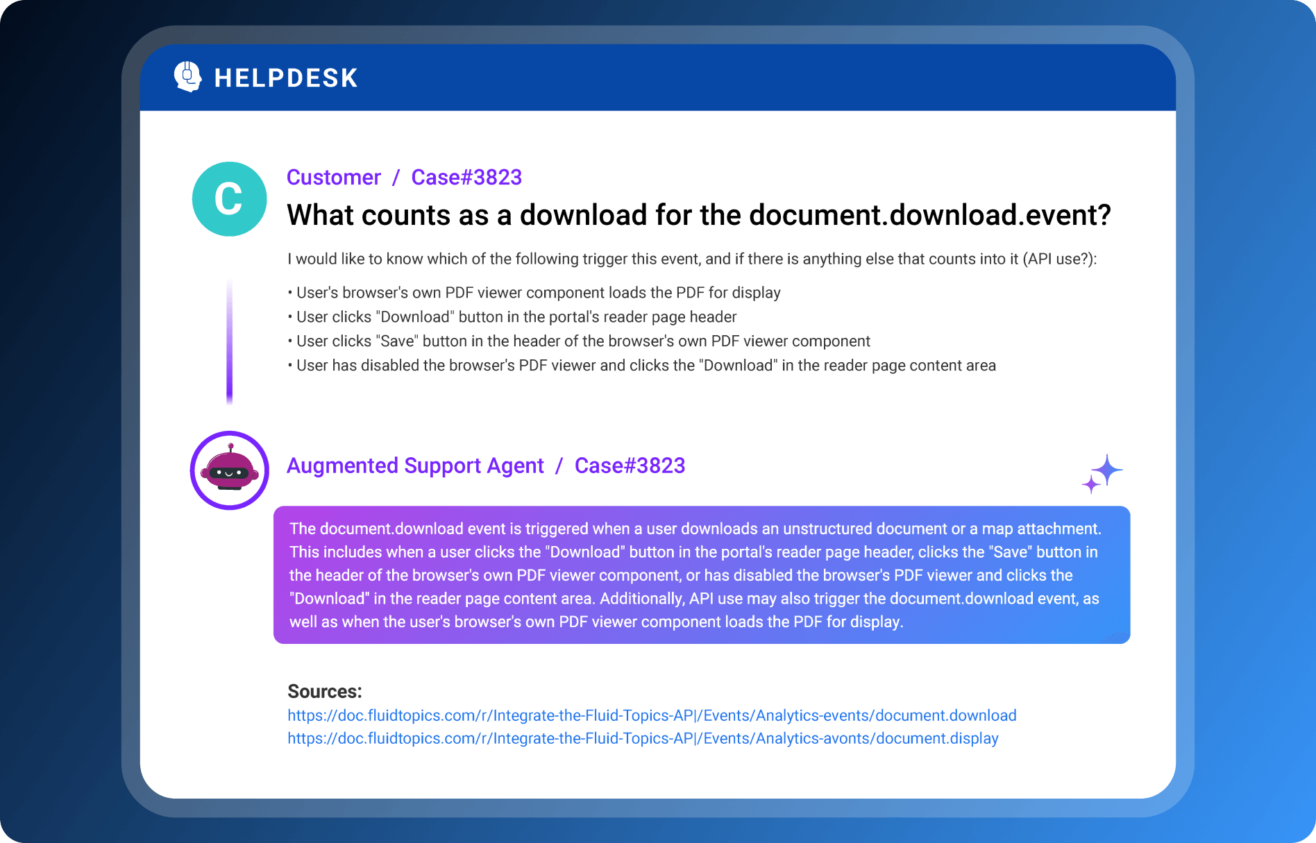 A helpdesk conversation discussing what actions trigger a document download event, including user interactions with a PDF viewer and download buttons, along with sources for further information.
