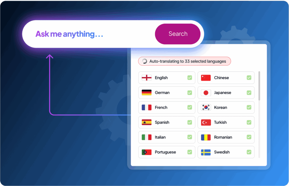 A user interface showing a search bar with the prompt "preguntame cualquier cosa..." and a dropdown list for auto-translation into various languages, including English, German, French, Spanish, Italian, Portuguese, and more on a blue background.