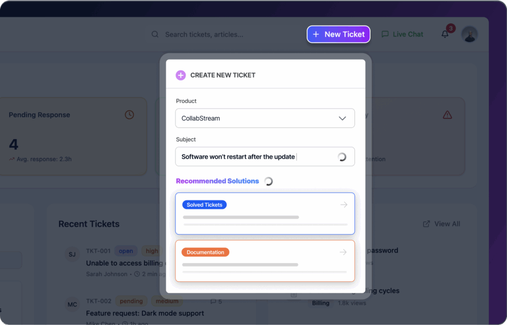 A computer screen displaying a ticket system interface, showing various sections including "New Ticket", "Recommended Solutions", and recent tickets. The screen includes a list of issues such as software not restarting after an update and a feature request for dark mode support.