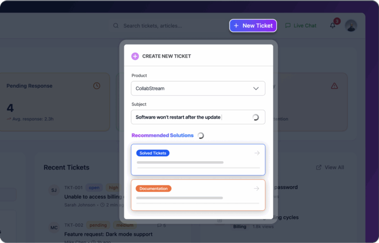 A computer screen displaying a ticket system interface, showing various sections including "New Ticket", "Recommended Solutions", and recent tickets. The screen includes a list of issues such as software not restarting after an update and a feature request for dark mode support.