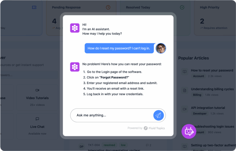 A screenshot of a computer screen displaying a software interface with a chat window labeled "I'm an AI assistant trained on this documentation. How may I help you today?" A list of topics includes password reset instructions and troubleshooting login issues. There are sections with titles like "Understanding billing cycles" and "Video Tutorials." The text highlights steps for resetting a password, including going to the login page, clicking on "Forgot Password?", entering an email address, and receiving a reset link via email.