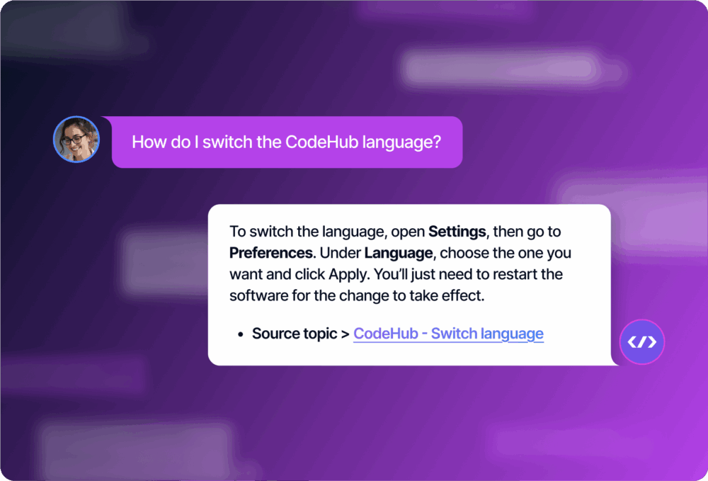 A user asks, How do I switch the CodeHub language? A response shows steps: open Settings, go to Preferences, select a language under Language, click Apply, and restart for changes to take effect.
