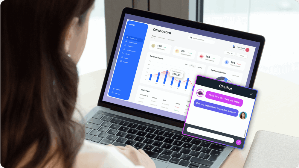 A person using a laptop views a dashboard with charts and stats, while a chatbot window appears asking, “Hello, how can I help you today?” and, “Can you explain how to use this feature?”.