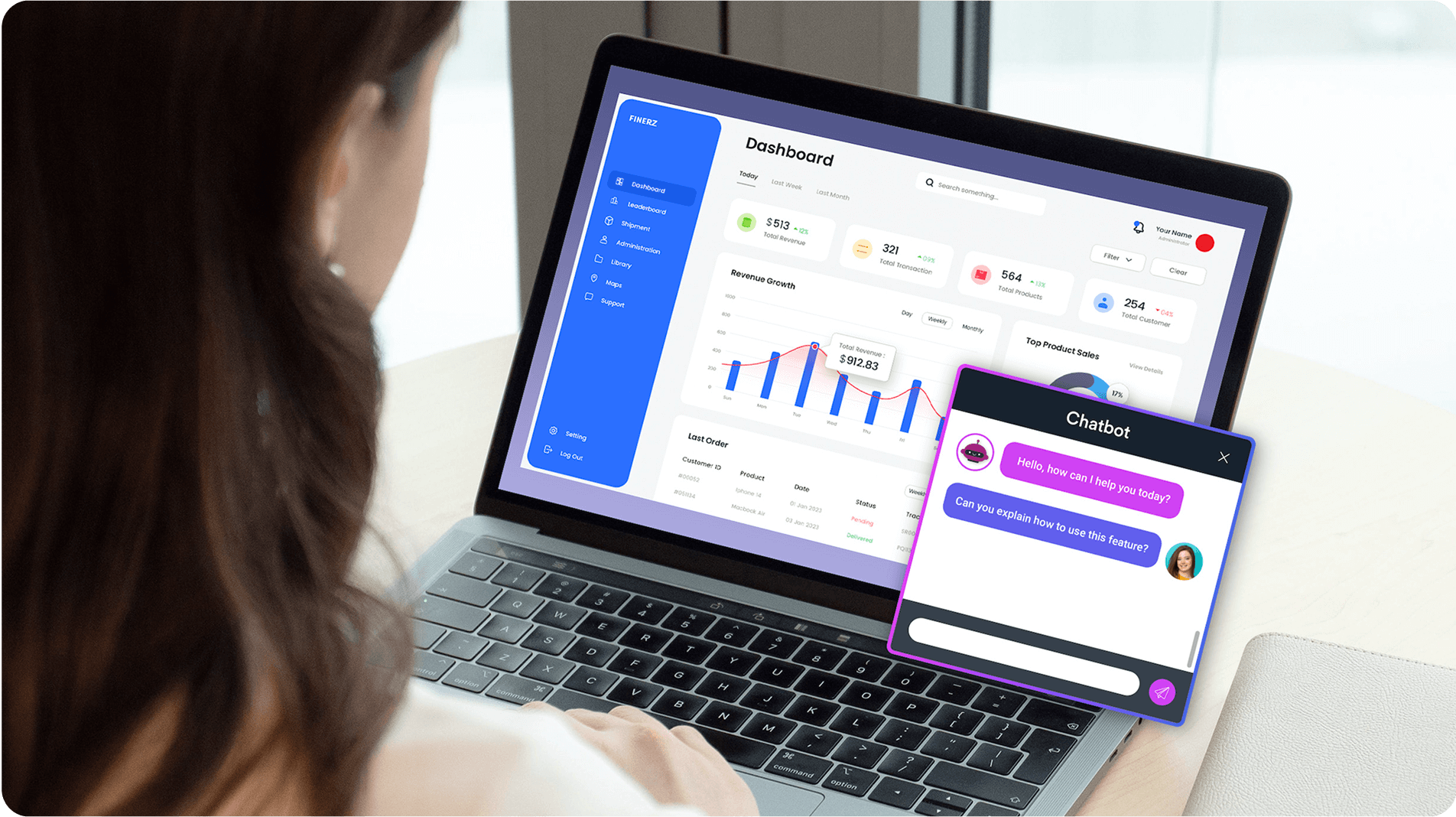 A person using a laptop views a dashboard with charts and stats, while a chatbot window appears asking, “Hello, how can I help you today?” and, “Can you explain how to use this feature?”.