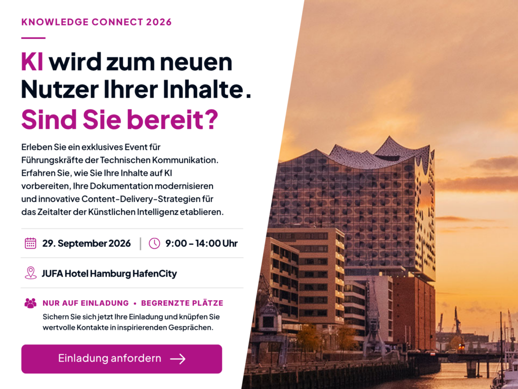 Event poster for Knowledge Connect 2026 featuring AI and technical communication, with date and location details.