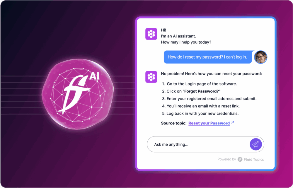 A screenshot of a chat conversation where an AI assistant provides instructions on how to reset a password, including steps like going to the login page, clicking on "Forgot Password?", entering an email address, and receiving a reset link. The chat window features text dialogue with user inquiries and responses from the AI. A logo is visible in the corner of the screenshot.