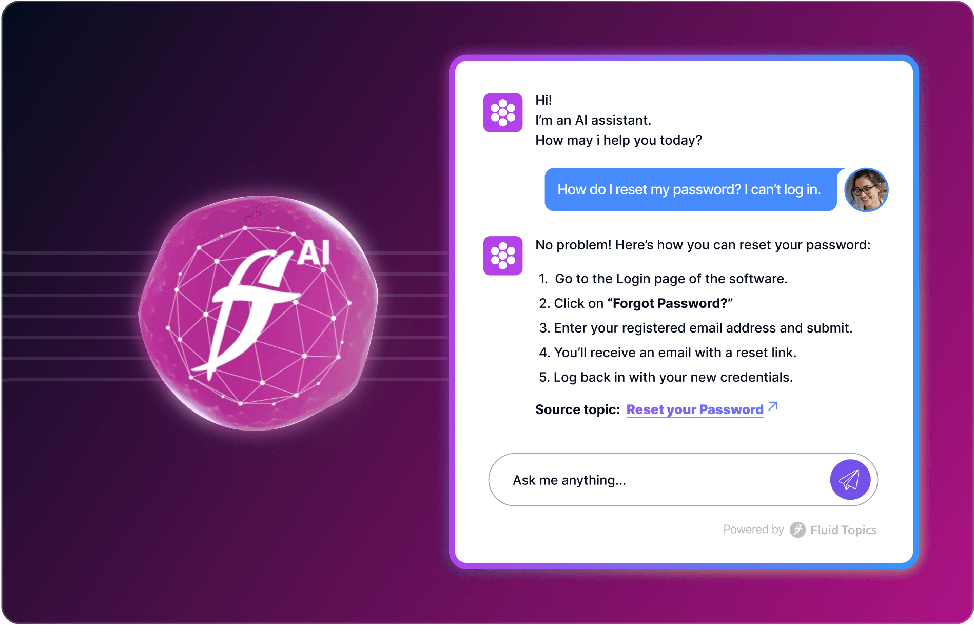 A screenshot of a chat conversation where an AI assistant provides instructions on how to reset a password, including steps like going to the login page, clicking on "Forgot Password?", entering an email address, and receiving a reset link. The chat window features text dialogue with user inquiries and responses from the AI. A logo is visible in the corner of the screenshot.