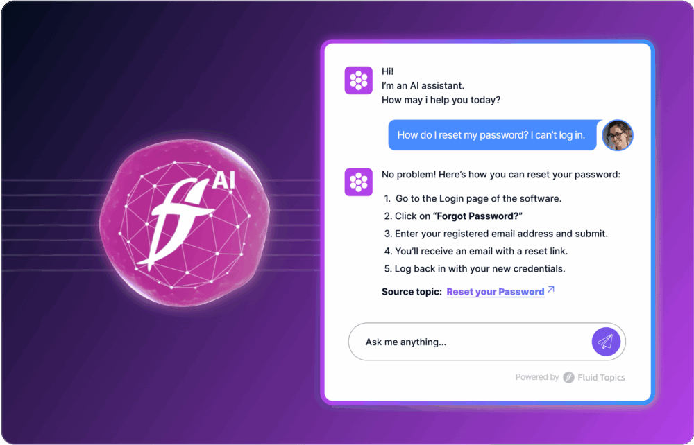 A digital interface with a fAI AI logo on the left and a chat window on the right, where an AI assistant offers help with CodeHub documentation on a purple gradient background.
