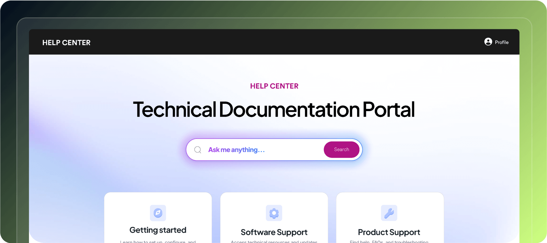 Screenshot of a Technical Documentation Portal webpage, featuring a search bar labeled 'Ask me anything...' with options for 'Getting started,' 'Software Support,' and 'Product Support' below it.