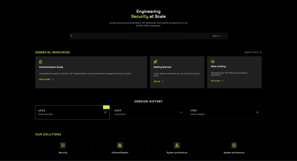 A dark-themed website interface with highlighted sections for "Essential Resources," "Version History," and "Our Solutions," featuring guides on authentication, getting started, and rate limiting.