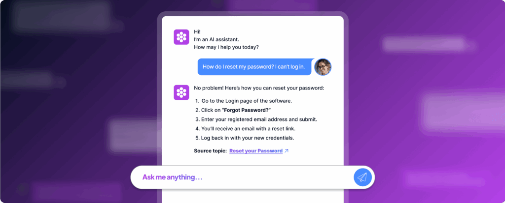 "Chatbot on purple background showing password recovery steps and a satisfied user message.