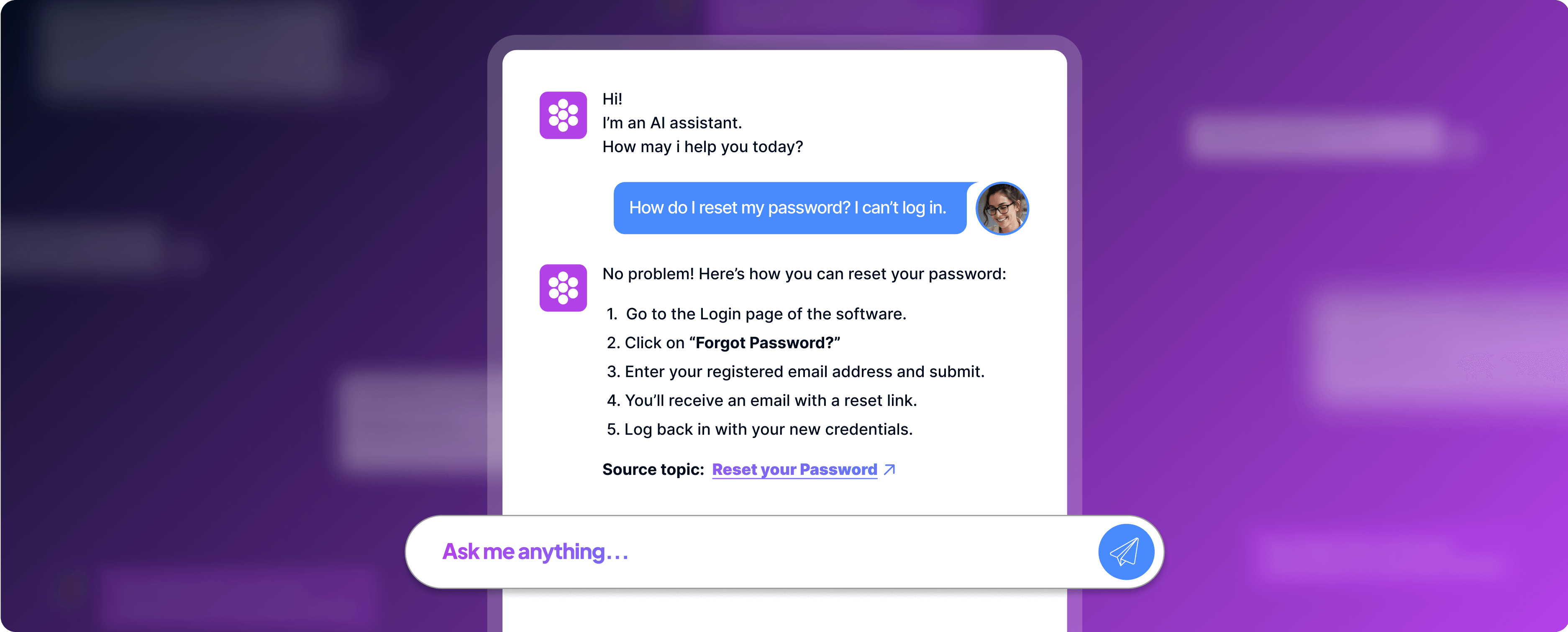 A chatbot interface on a purple background providing assistance for password recovery steps, with a user expressing satisfaction at the bottom of the chat.