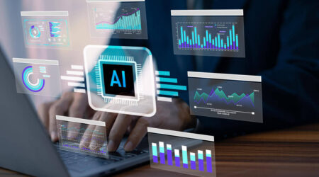 A person's hands typing on a laptop with holographic visual representations of AI and data science charts and analytics.