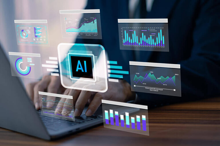 A person's hands typing on a laptop with holographic visual representations of AI and data science charts and analytics.