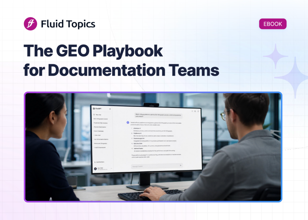 An eBook cover page with the title "The GEO Playbook for Documentation Teams" and a picture of two colleagues using ChatGPT on a desktop computer.