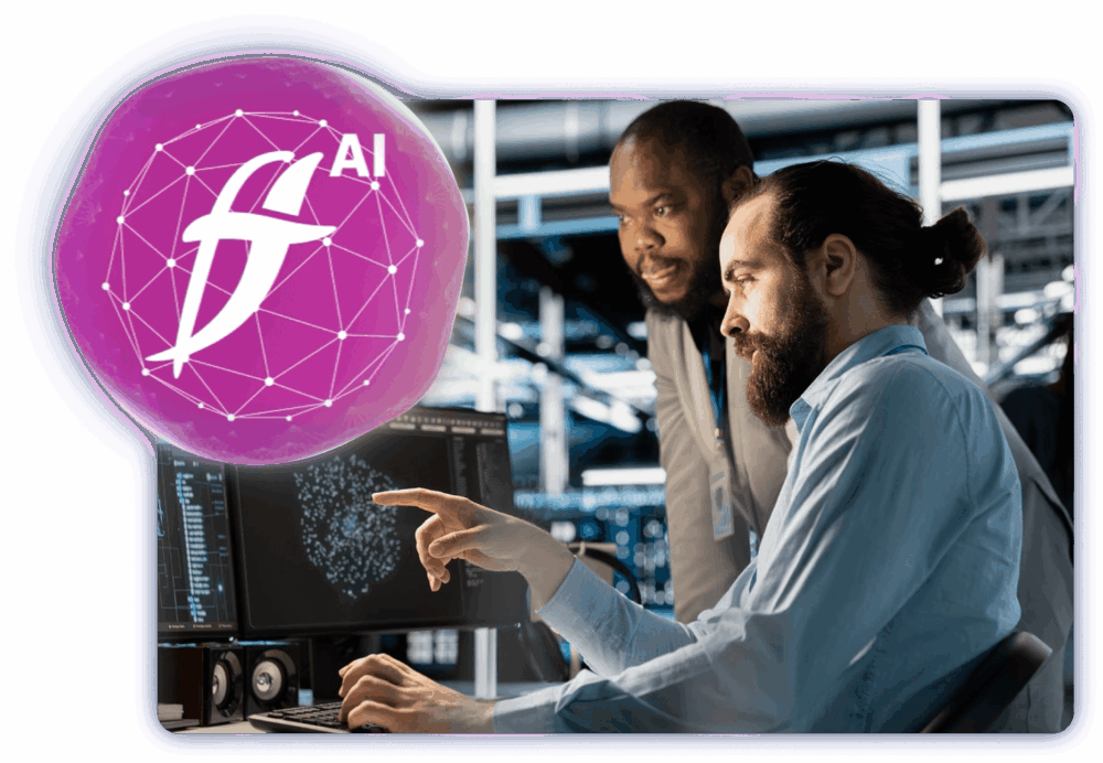 A group of men gathered around a computer screen, focused on the displayed content. They are dressed in various clothing styles and appear engaged in conversation or collaboration, suggesting a discussion about technology. The setting is indoors.