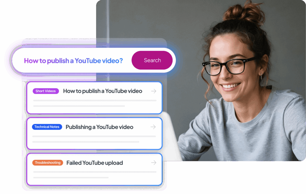 A smiling woman wearing glasses, seated at a desk, with a gray sweater. A sidebar shows information about map attachments, including topics like short videos and troubleshooting, with a search bar at the top.