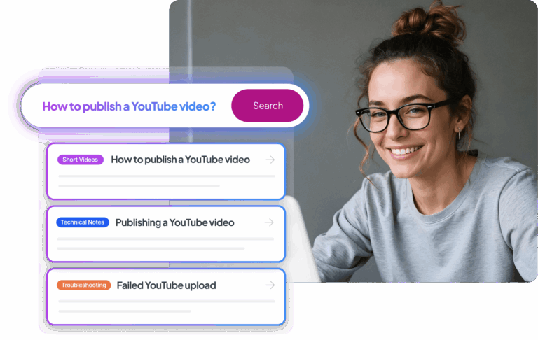 A smiling woman wearing glasses, seated at a desk, with a gray sweater. A sidebar shows information about map attachments, including topics like short videos and troubleshooting, with a search bar at the top.