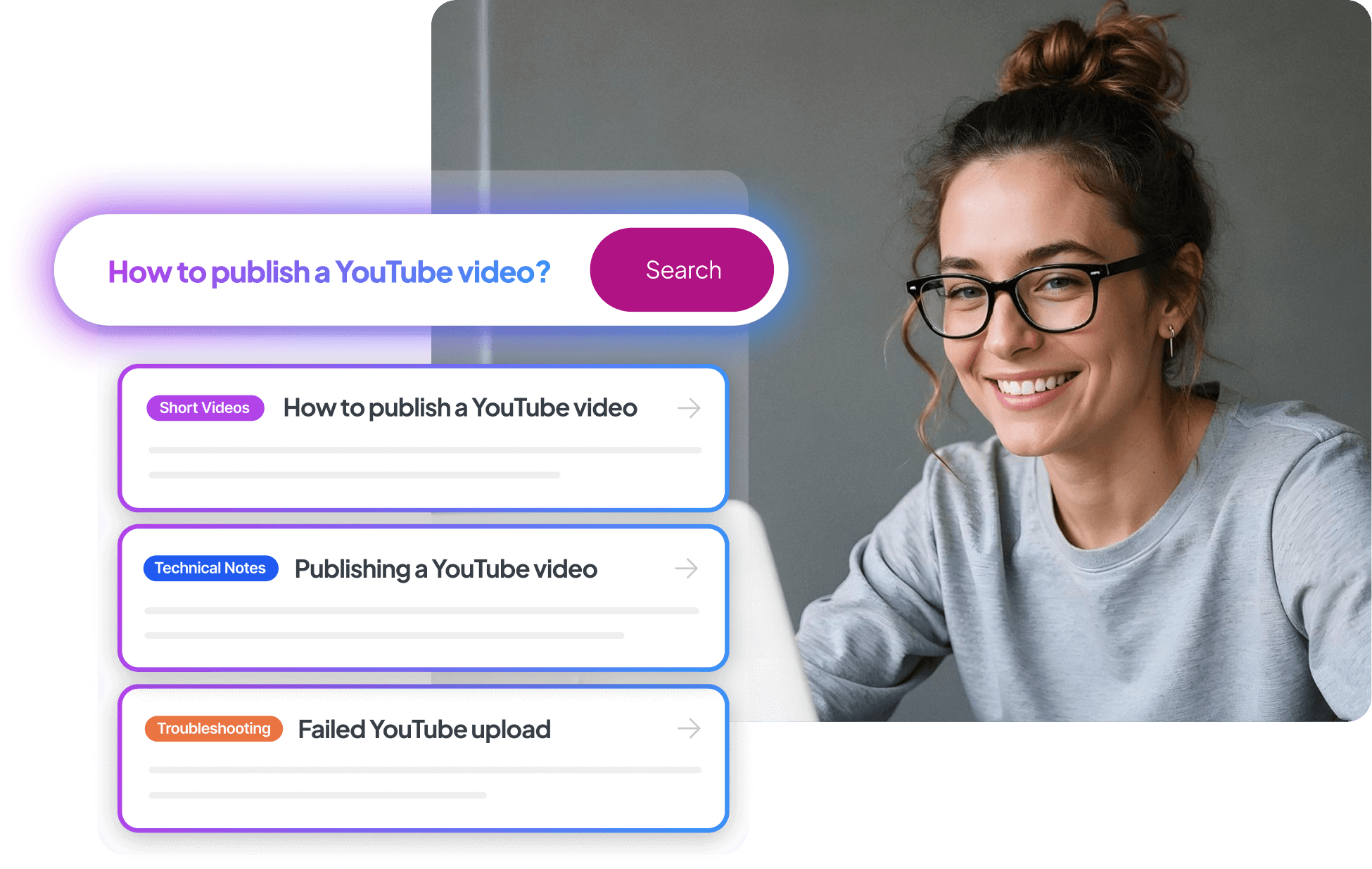 A smiling woman wearing glasses, seated at a desk, with a gray sweater. A sidebar shows information about map attachments, including topics like short videos and troubleshooting, with a search bar at the top.