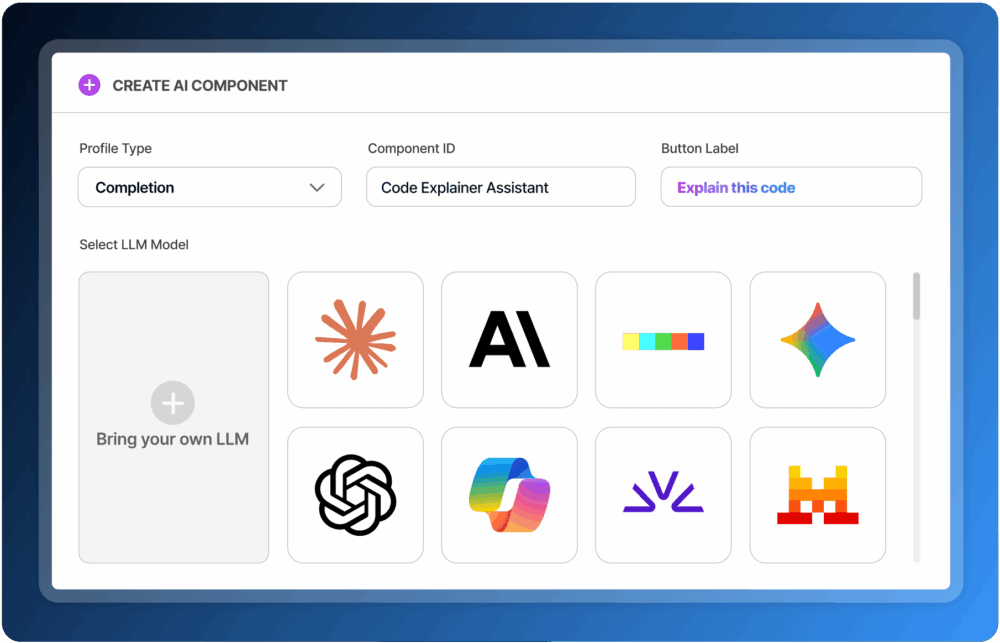 A user interface for creating an AI component titled "Code Explainer Assistant," with fields for profile type, component ID, and a button labeled "Explain this code." Various icons representing different LLM models are also displayed.