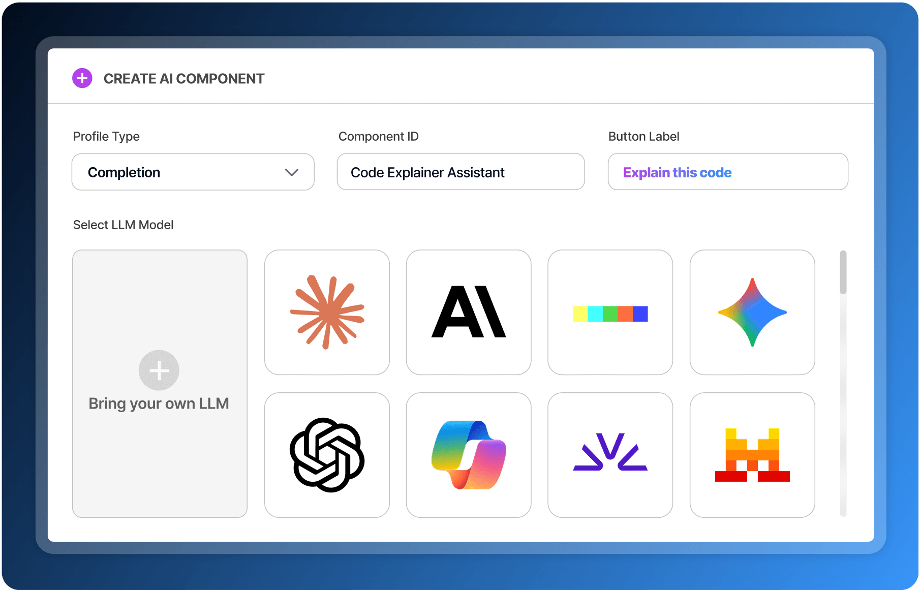 UI Code Explainer Assistant with profile type, component ID, Explain button, and LLM model icons.