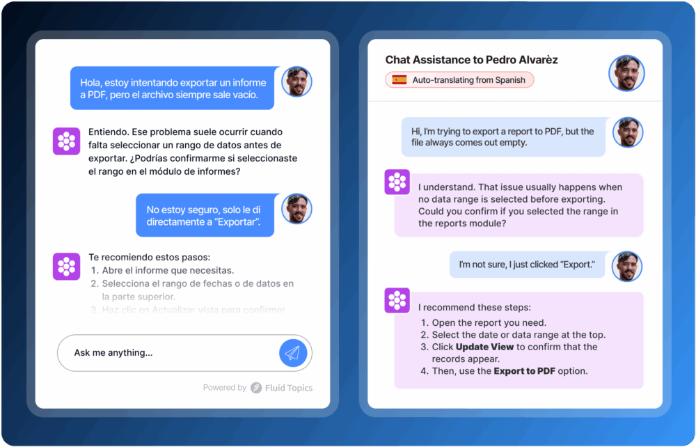A screenshot of a chat conversation titled "Chat Assistance to Pedro Alvarez." The dialogue includes two participants communicating in both English and Spanish about an issue with exporting a report to PDF. One participant is experiencing problems with the exported file being empty and is advised to select a data range before exporting. Step-by-step instructions are provided for resolving the issue, including opening the report, selecting a date or data range, updating the view, and then using the export option. The interface features various computer-related tags such as software and web page icons.