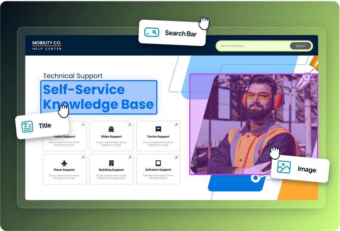 An interface for a help center related to "Mobility Co." featuring a technical support section, including a search bar and various support categories like trains, ships, trucks, planes, building, and software. There is also an image of a person in safety gear.