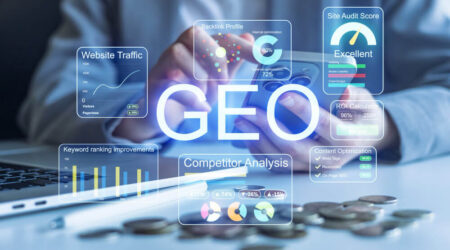 Person sitting at a desk and looking at search engine and website metrics. It says "GEO" over the image.