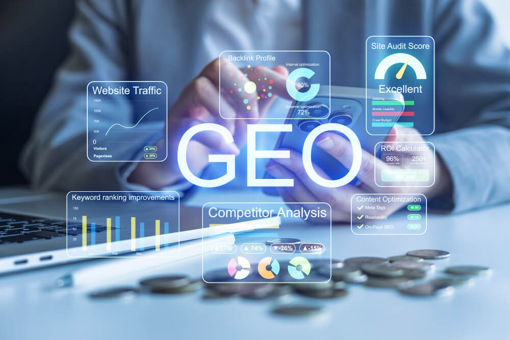 Person sitting at a desk and looking at search engine and website metrics. It says "GEO" over the image.