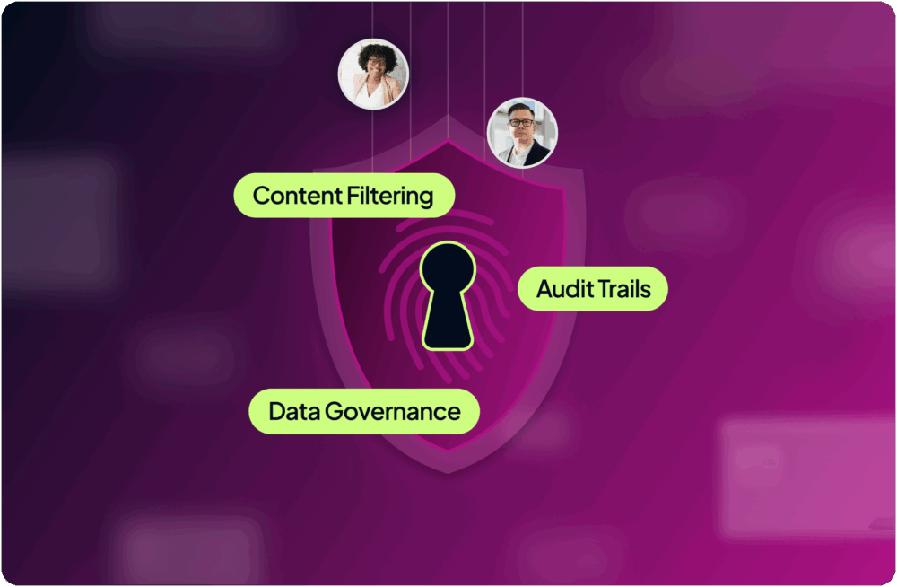 A purple background featuring text that reads "Content Filtering Audit Trails Data Governance" alongside images of people.