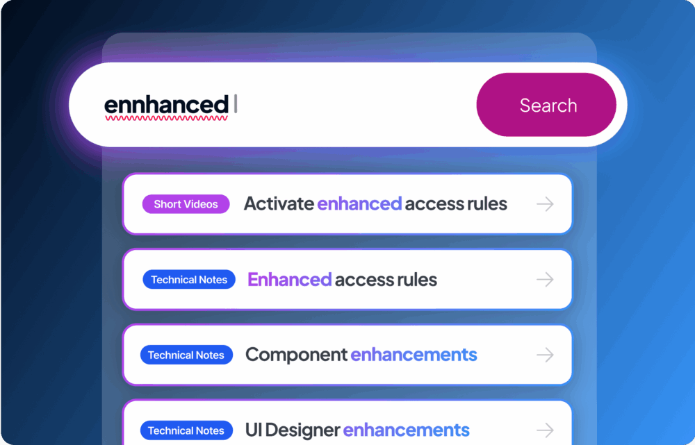 A screenshot displaying a computer interface with sections labeled "Enhanced Search," "Short Videos," "Activate enhanced access rules," and "Technical Notes." It includes details on component enhancements and UI designer enhancements.