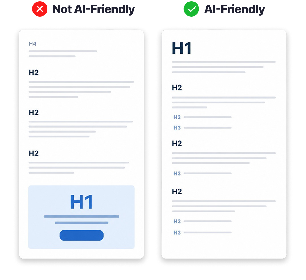 Dual monitors showcasing the h1 and h2 HTML tags, illustrating their structure in web design. One is an AI friendly structure and the other is not.