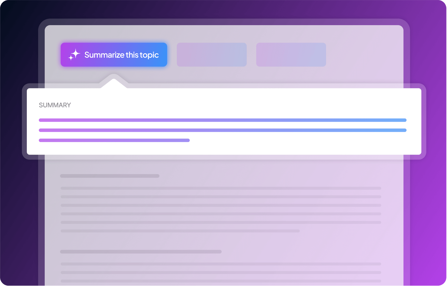 A digital interface displaying a summary section with a "Summarize this topic" button and placeholder text.
