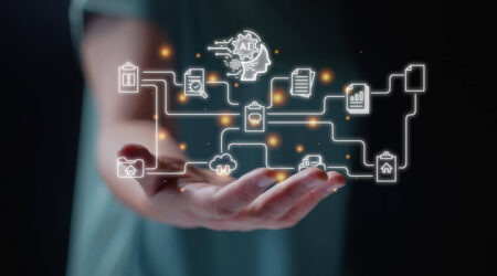 Agentic AI workflow moving from one tool to another with a human hand supporting the workflow.
