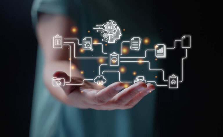Agentic AI workflow moving from one tool to another with a human hand supporting the workflow.