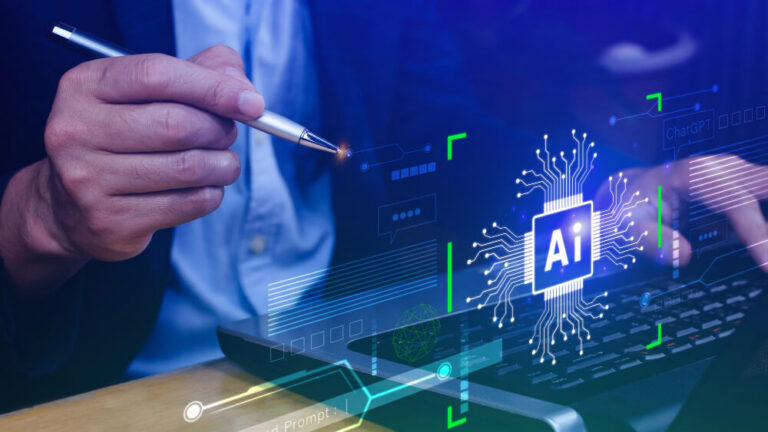 AI system hologram over person at desk.