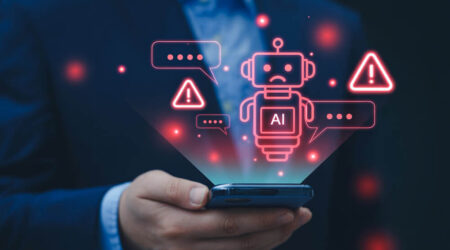 Person in suit holding a phone showing an AI chatbot frowning and warning signals.