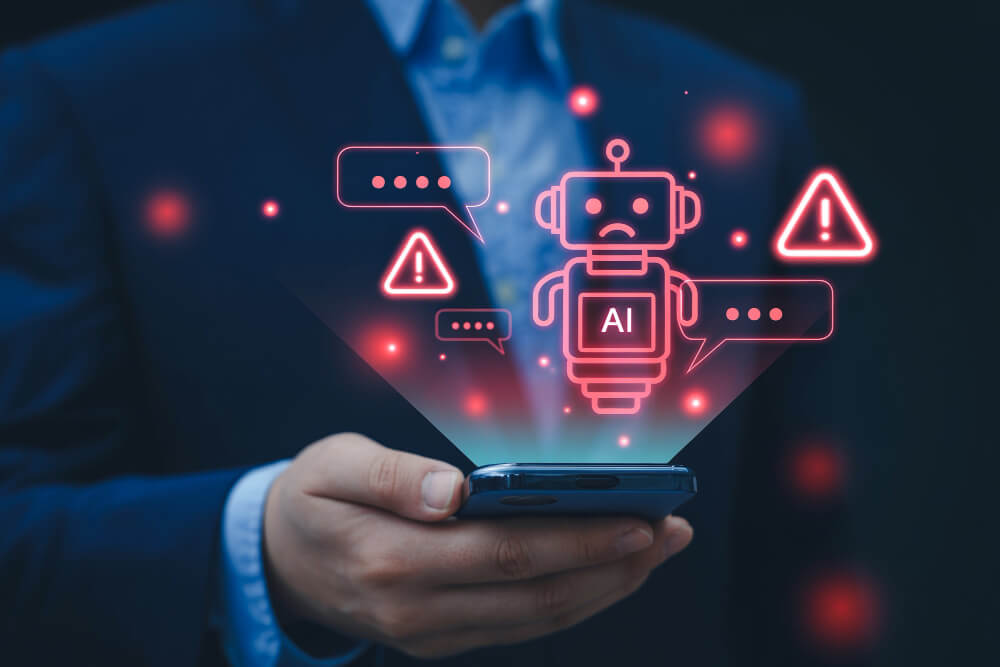 Person in suit holding a phone showing an AI chatbot frowning and warning signals.