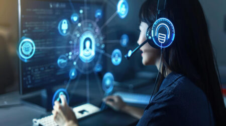 A woman with headphones and a screen showing different elements of user support.
