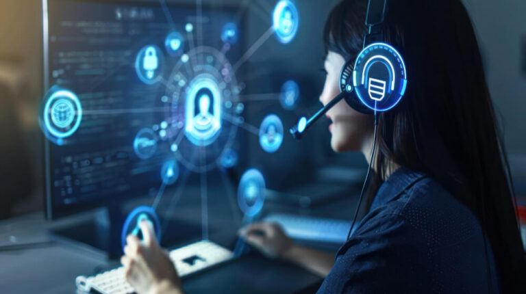 A woman with headphones and a screen showing different elements of user support.