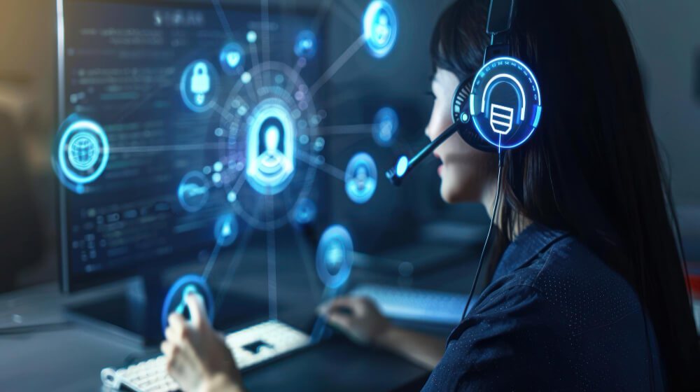 A woman with headphones and a screen showing different elements of user support.