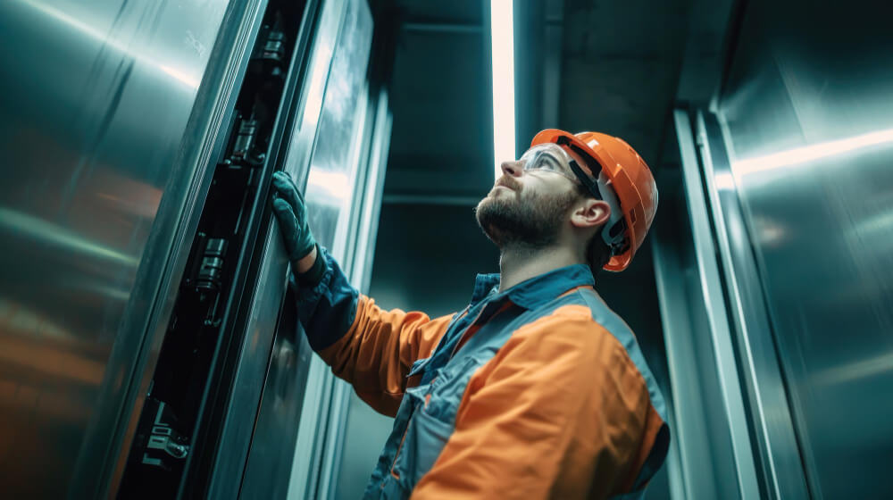 Technician in protective gear, performing maintenance on an elevator.