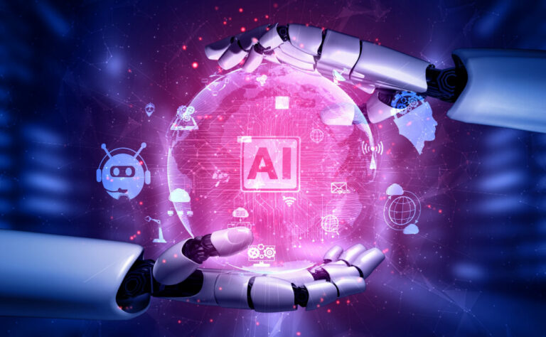 Robot hands holding glowing pink ball with AI in the center.