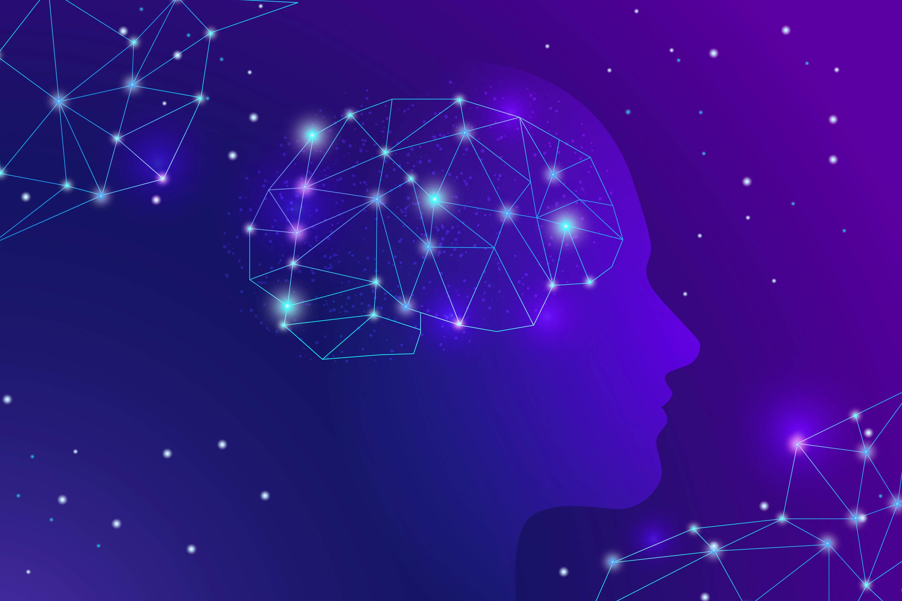 Outline of human profile with digital grid forming a brain inside the head.